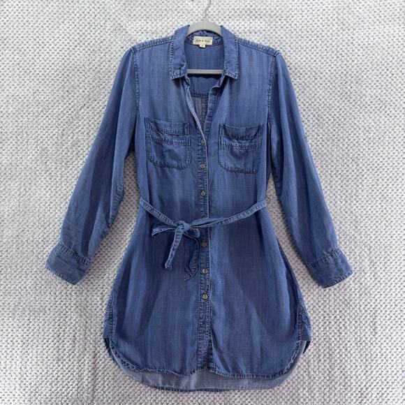 Cloth & Stone Dress Womens M Blue Tencel Chambray Belted Roll Tab Button Front - Picture 1 of 14